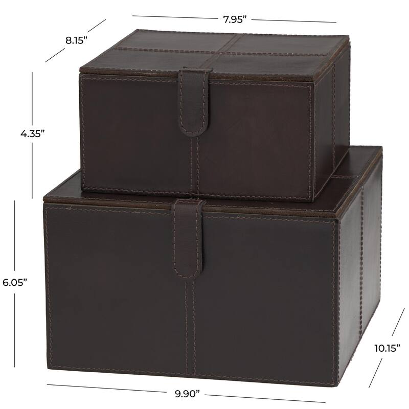 Leather Handmade Decorative Box with Hinged Lid - Set of 2 Gray, Brown, Dark Brown, Gold, Silver - Roche River Decor