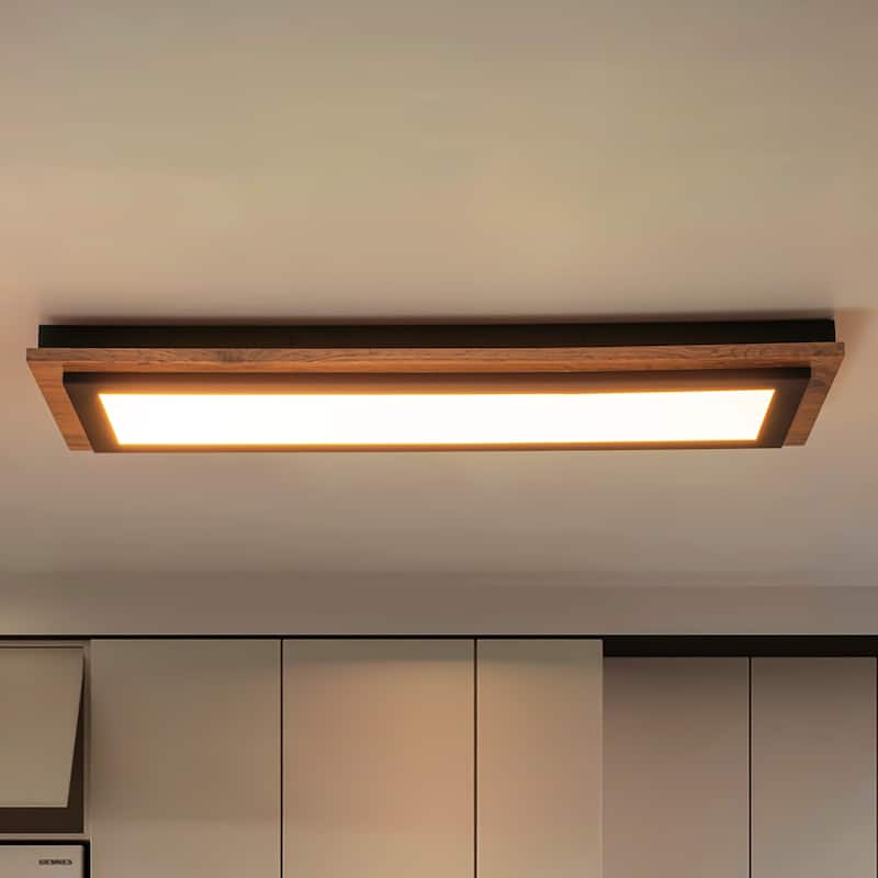 21.3" Vintage Natural Wood LED Flush Mount Ceiling Light for Living Rooms & More - 1 Light - Black/Brown - 1 Light