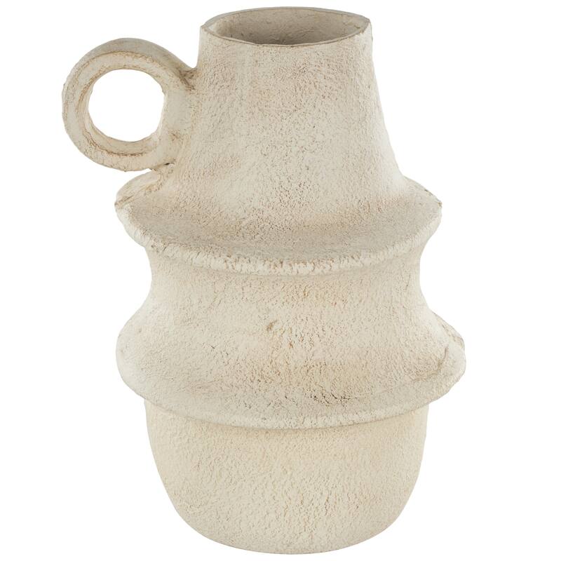Cream Paper Mache Fluted Decorative Vase with Brown Distressed Texturing and Ring Handle