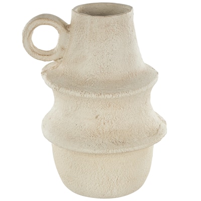 Paper Mache Fluted Vase with Brown Distressed Texturing and Ring Handle - Cream - Roche River Decor