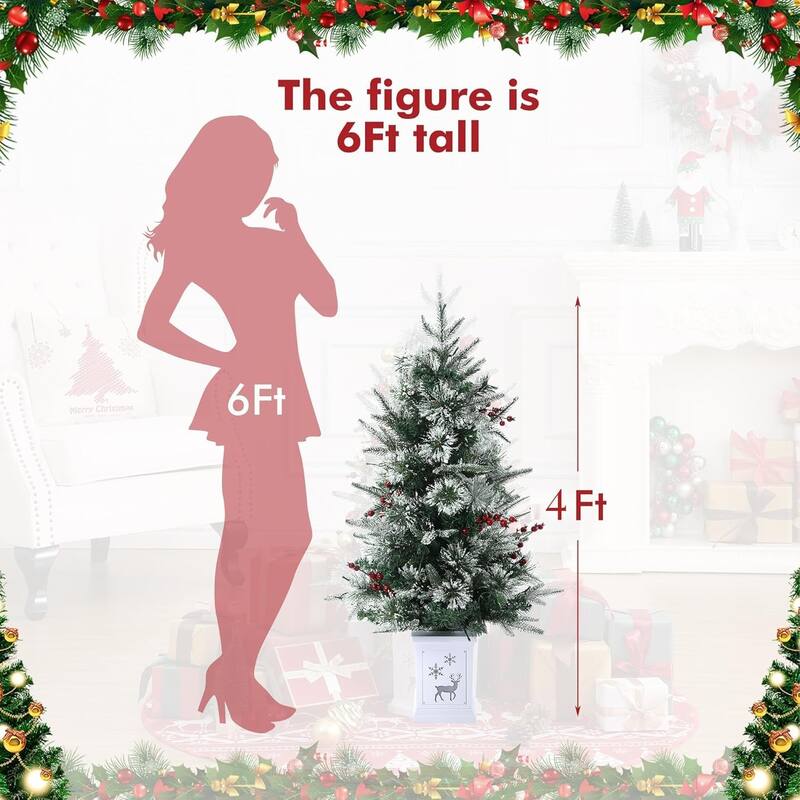 4.5 Ft Artificial Christmas Tree with 200 Warm White LED Lights and Red Berries Potted Base Holiday Xmas Tree