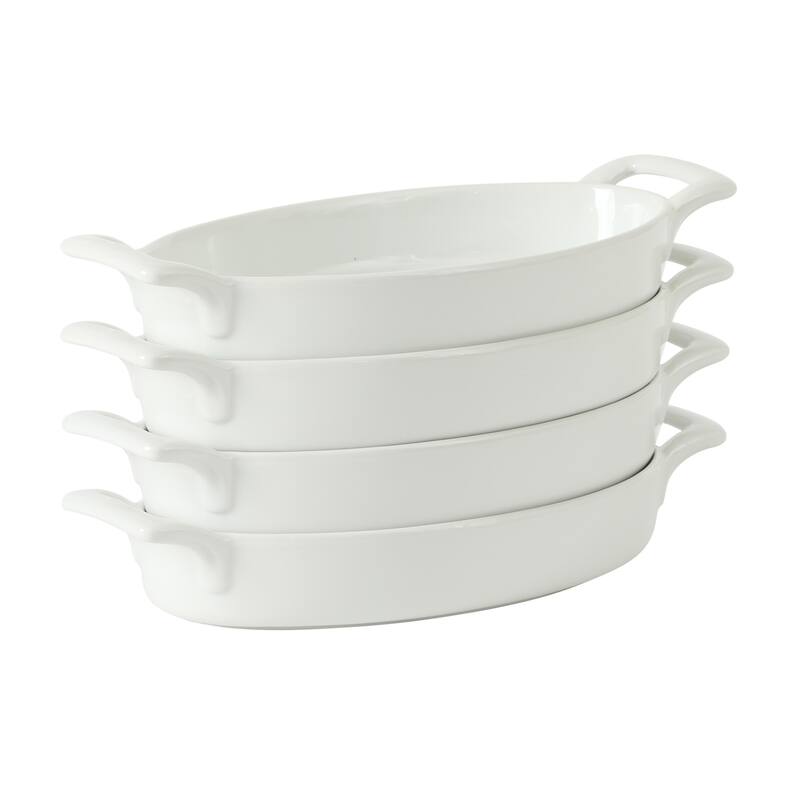 Gibson Home Gracious Dining Oval Au Gratin Baking Dishes, 4-Piece Set - 9oz or 15oz Oven Safe Ceramic with Handles - white