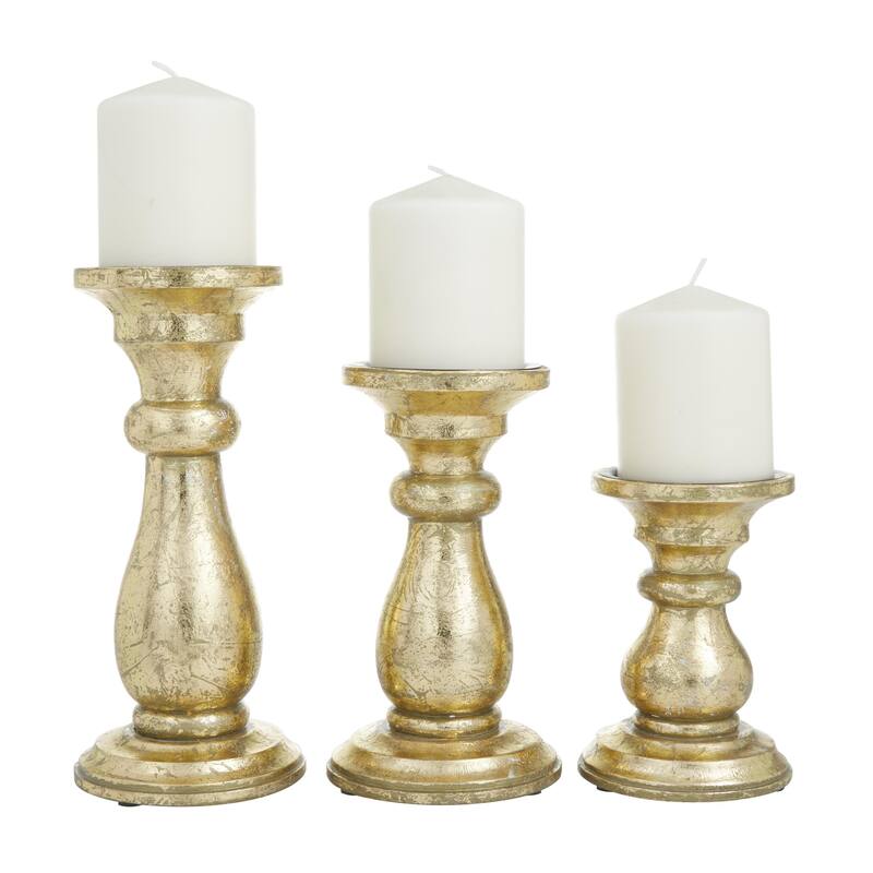 Mango Wood Turned Style Pillar Decorative Candle Holder - Set of 3 Gold, White, Black - Roche River Decor
