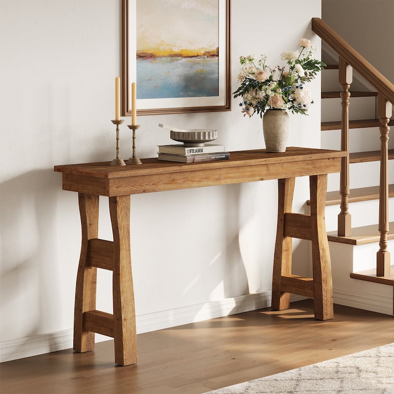 59" Solid Wood Console Table, Rustic Style Couch Tables Behind Sofa, Light Brown