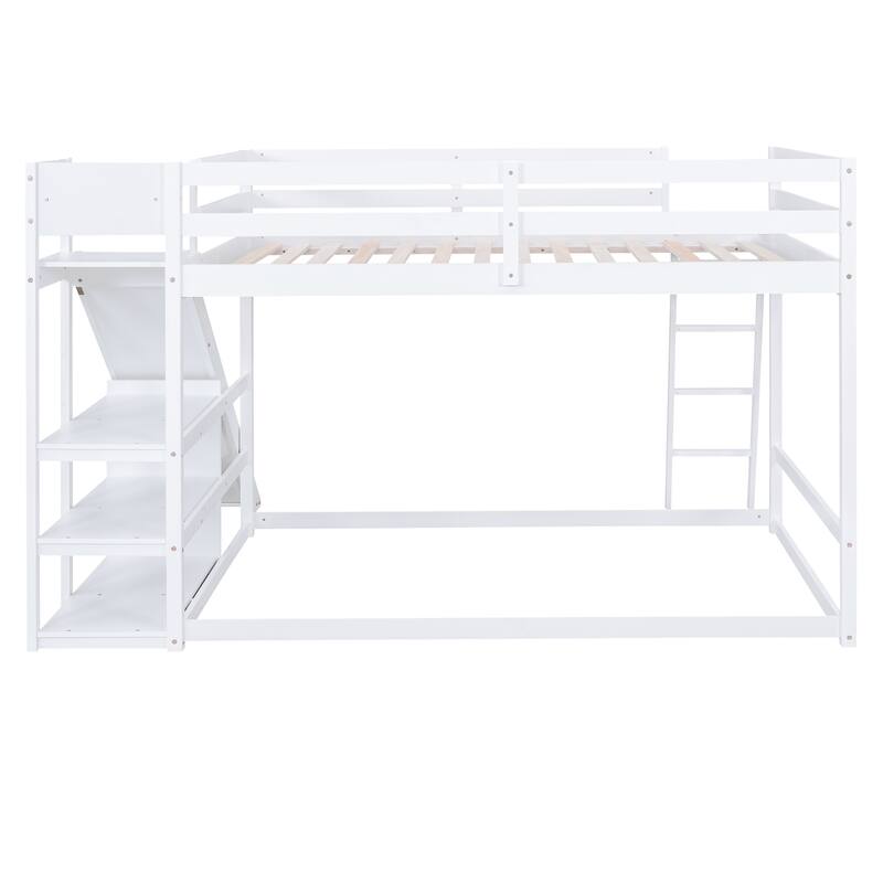 Full over Full Bunk Bed with Ladder, Slide, and Shelves in White