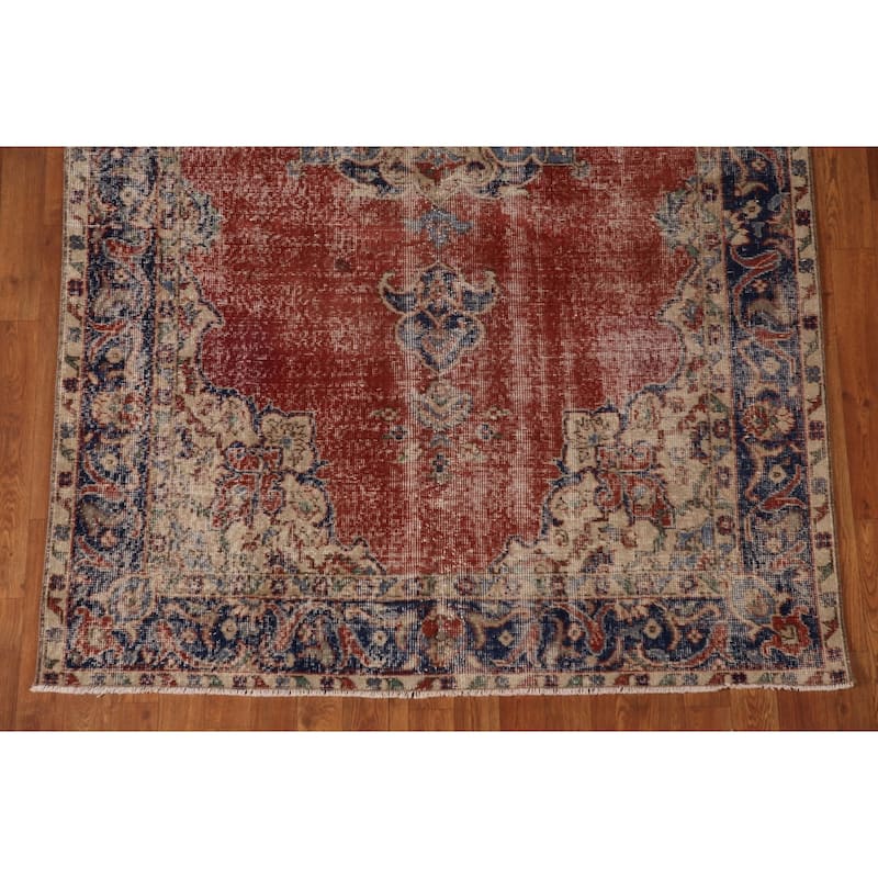 Distressed Oushak Turkish Vintage Area Rug Hand-Knotted Wool Carpet - 4'10" x 8'7"