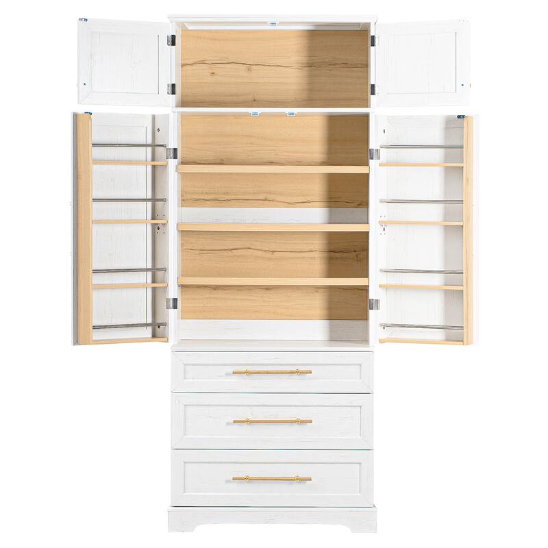 Freestanding Pantry Cabinet, Tall Storage Cupboard with 8 Door Shelves, 3 Adjustable Shelves, 3 Large Drawers, Kitchen Hutch