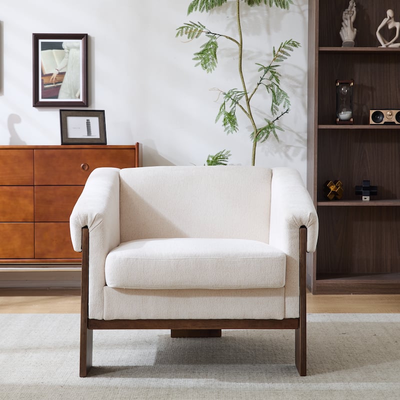 Fabric Upholstered Accent Chair, Ergonomic Single Sofa Side Chair, Lounge Reading Chair with Deep Cushions & Wooden Frame