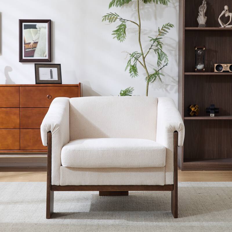 Stylish 34" Fabric Upholstered Square Armchair with Wooden Legs