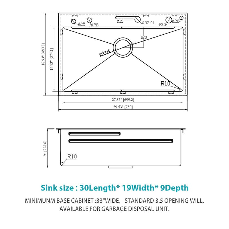 30" Drop-In 16 Gauge Single Bowl Stainless Steel Kitchen Sink - 30'' x 19'' x 9''