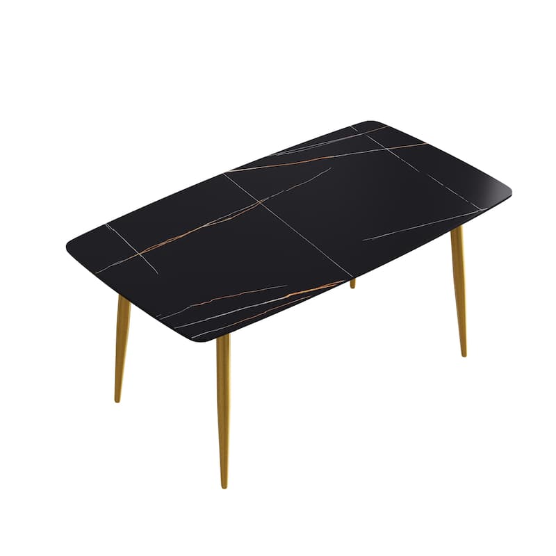 63" Rectangle Marble Top Dining Table, Black Sintered Stone Kitchen Table with Metal Legs