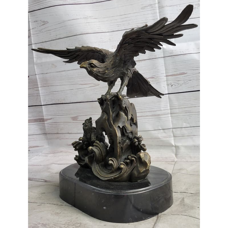 Eagle Landing On Waves Water Bronze Metal Statue Sculpture Figurine Decor Signed