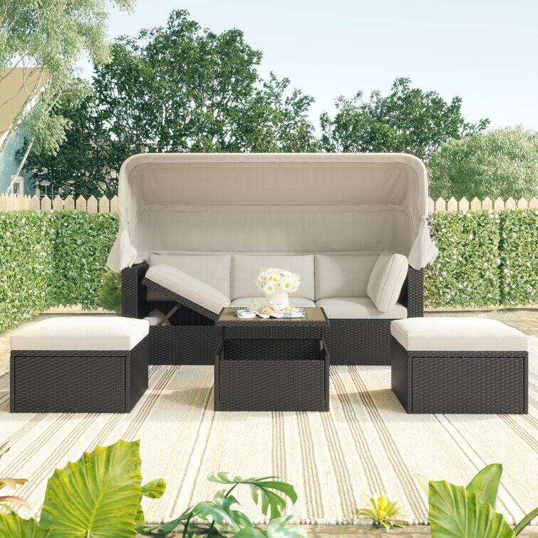 Outdoor Patio Rectangle Daybed with Retractable Canopy with Cushions