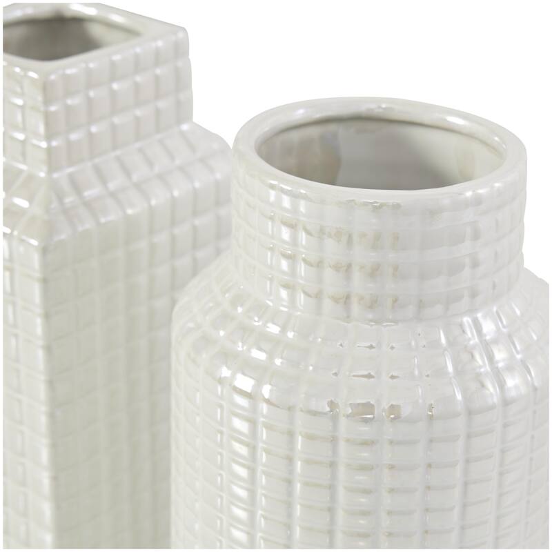 Ceramic Geometric Dimensional Textured Decorative Vase with Varying Shapes - Set of 3 Gold, Silver, Cream - Roche River Decor