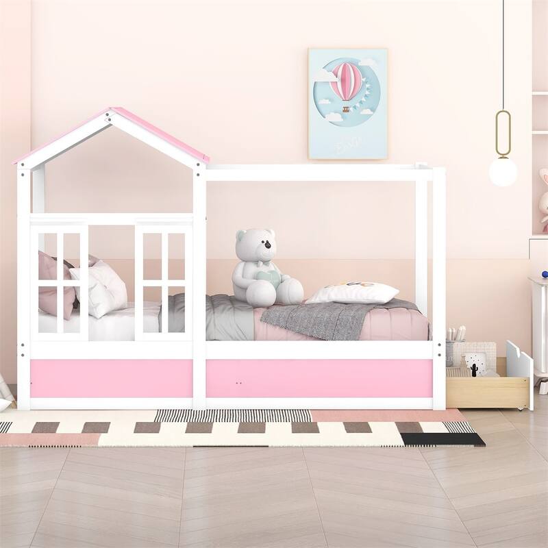 Merax House Bed with Roof, Window and Drawer - pink+white - Twin