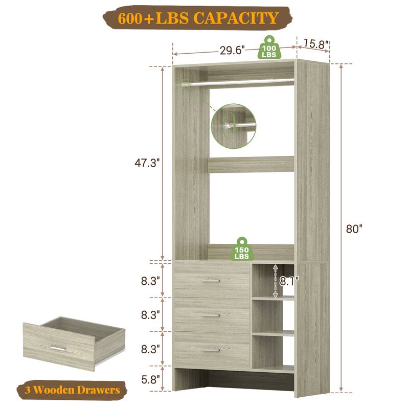 Cimly 30'' W Freestanding Closet Sytem with Hanging Rod, Closet Organizer with Drawers and Shelves
