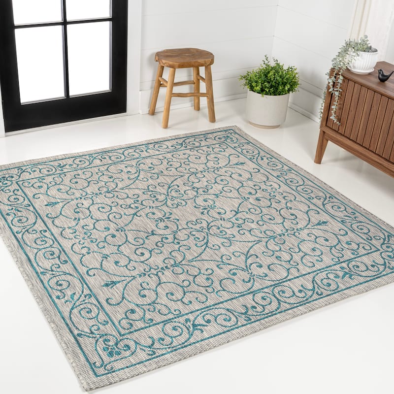 JONATHAN Y Filigree Textured Weave Indoor/Outdoor Area Rug - 5' Square - Gray/Teal