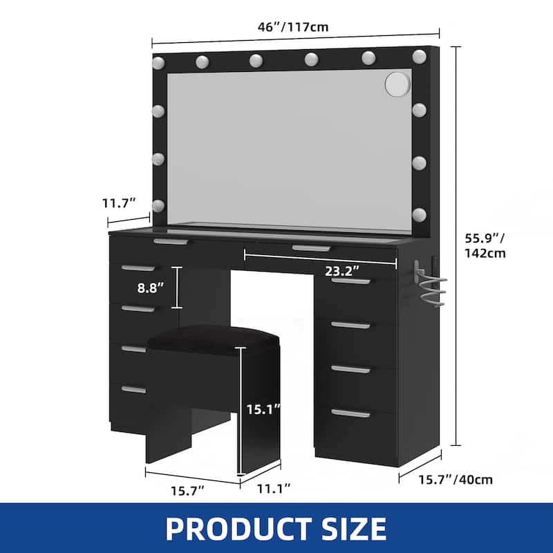 Moasis White 10-Drawer Cosmetic Vanity Desk Set with Glass Tabletop Makeup Vanity with LED Strip