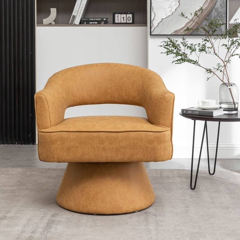 SEYNAR Modern PU Leather 360 Degree Swivel Accent Barrel Chair - Mustard