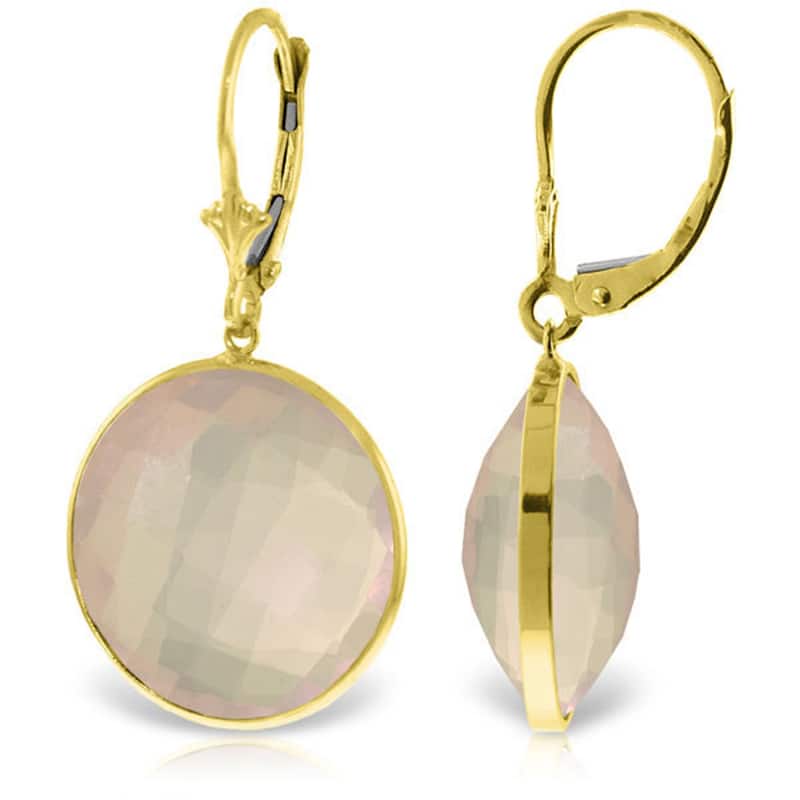 14K Solid Gold Leverback Gemstone Earrings Round Rose Quartz Certified - Yellow