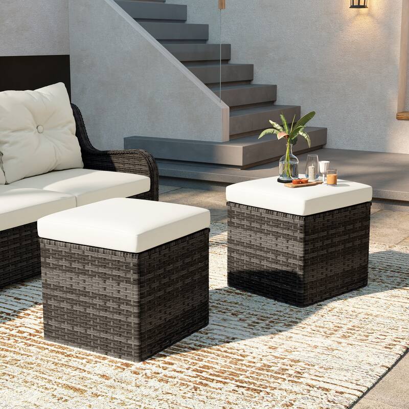 Outdoor Wicker Square Storage Ottoman with Plush Cushion(Set of 2) - GreyBrownBase-Beige