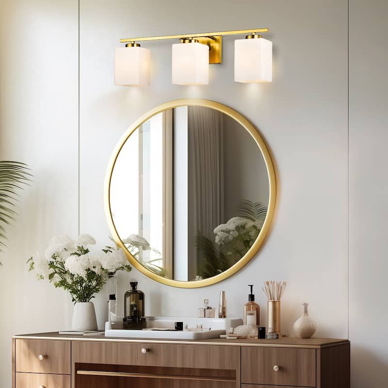 Brushed Nickel Indoor Bathroom Vanity Lights with Etched White Glass Square Rectangle Shades