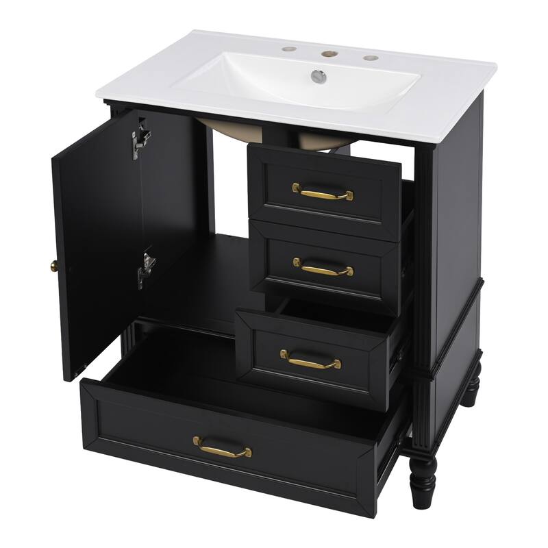 30" Bathroom Vanity wCeramic Sink, Cushioning Door & Drawers, Solid Wood Legs & MDF Board, Adiustable Foot Pads Bathroom Cabinet