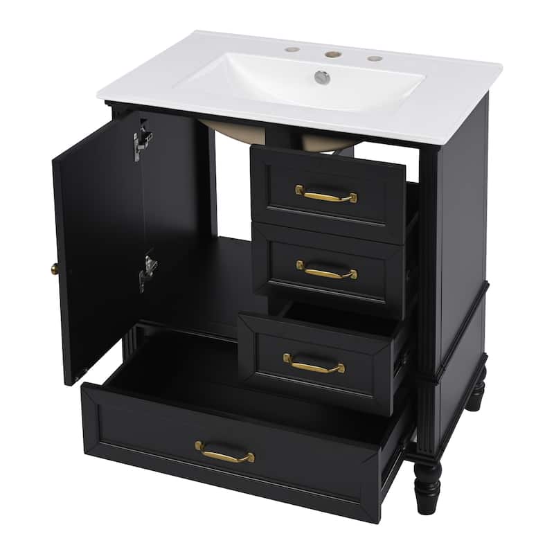 Roomfitters Bathroom Vanity with Sink, Single Door Cabinet and Three Drawers, Solid Wood Legs