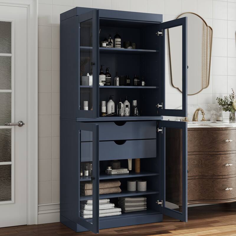 Palace Imports 100% Solid Wood Bathroom Storage Cabinet, Clear Glass Doors, 2 Drawers, Adjustable Shelves, 32" Wide, 71.5" Tall - Antique Blue