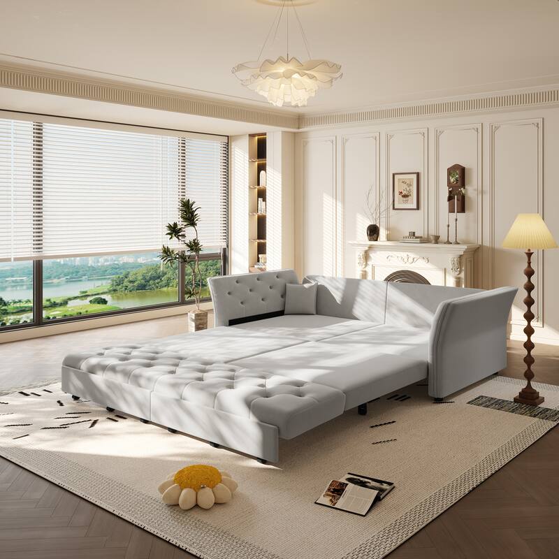 74.4" Velvet Sofa Bed, Pull-Out Sleeper Couch, Convertible Loveseat, Upholstered Sofa Bed with Tufted Backrest, Flared Arms