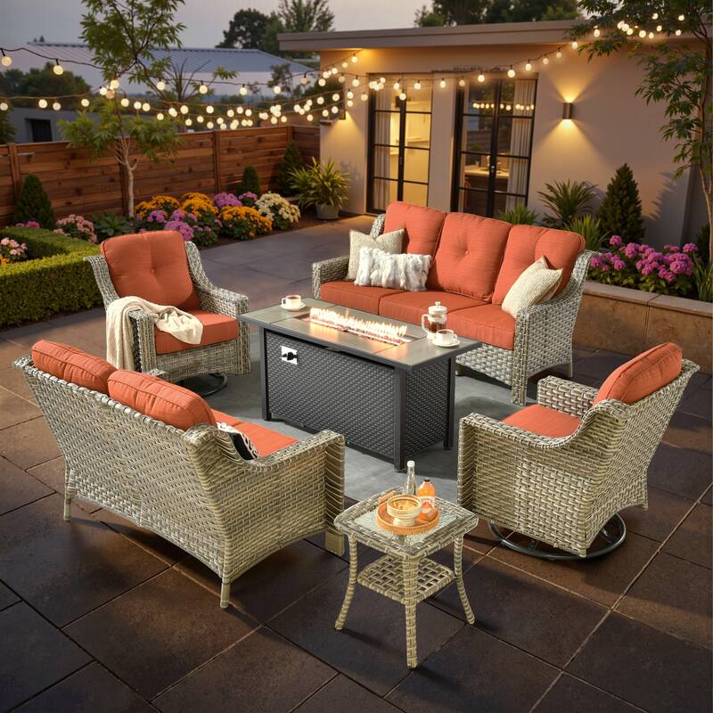 XIZZI 6-piece Patio Furniture Conversation Seating Set with Fire Pit - Red/Orange