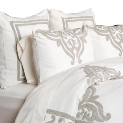 Lenz King Size Cotton Duvet Cover with Hand Stitched Damask Embroidery, Ivory