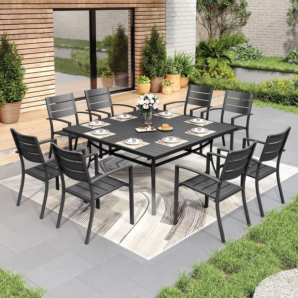 MAISON ARTS 9 Pieces Outdoor Patio Dining Set for 8, Metal Steel Table with Umbrella Hole & Stackable Chairs