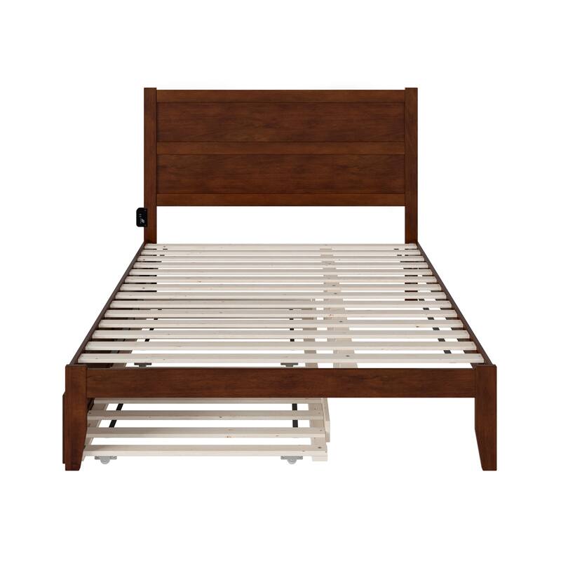 Twin XL Bed with Trundle - Solid Wood Platform Bed, USB Charging, Walnut Finish, 1000 lb Capacity