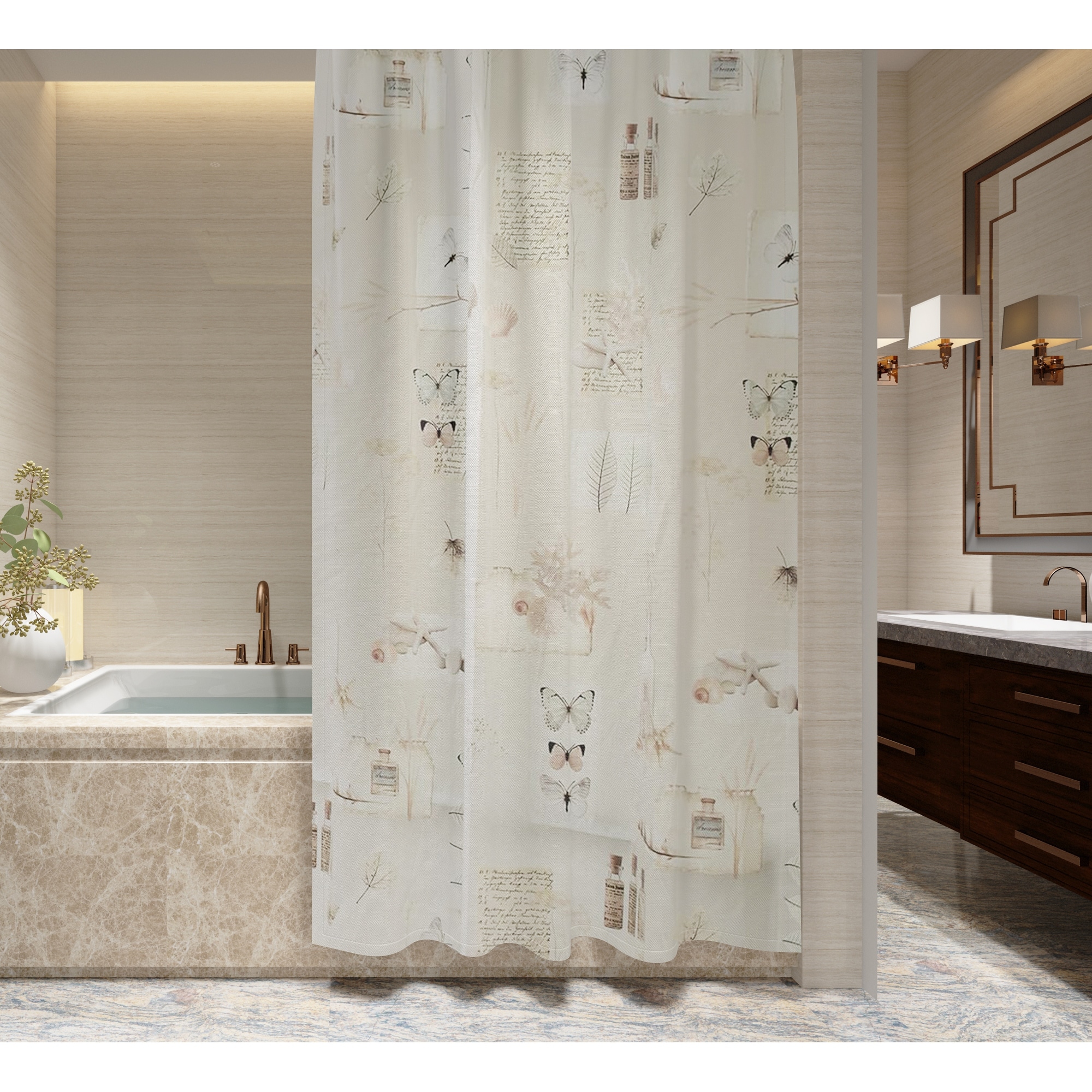 70" x 72" Floral and Butterfly Pattern Beige Shower Curtain
