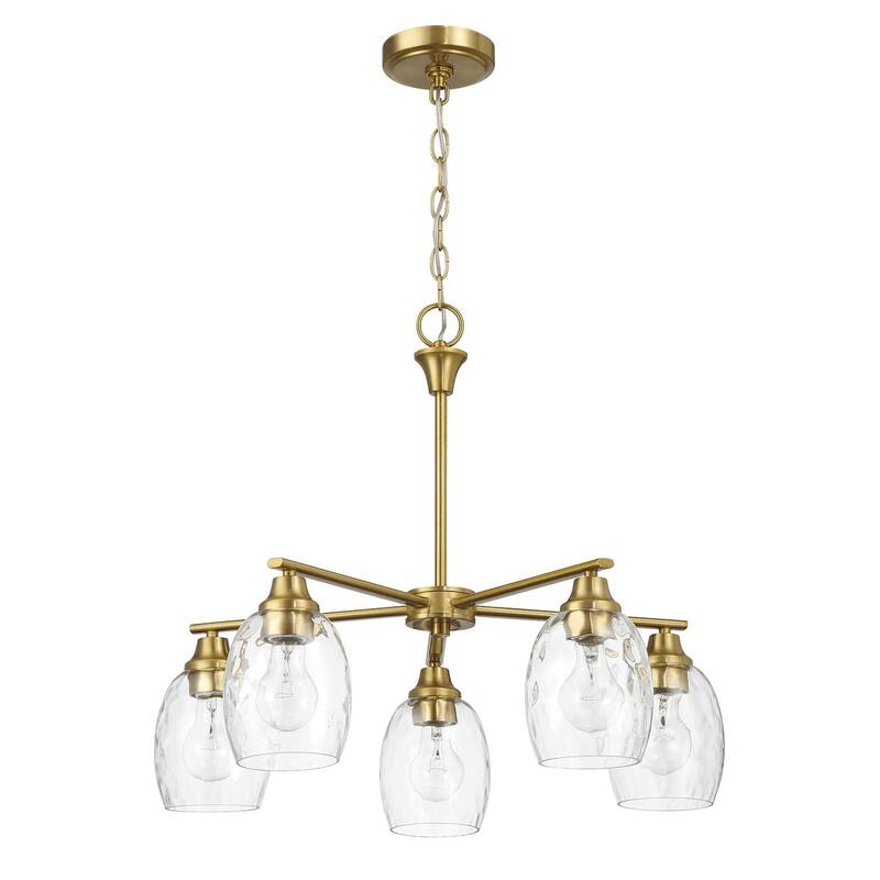 Elegance Five Lights Linear Arms with Golden Brass Finish Chain Chandelier 24"W × 8.5"H with Clear Water Glass - Clear,Gold