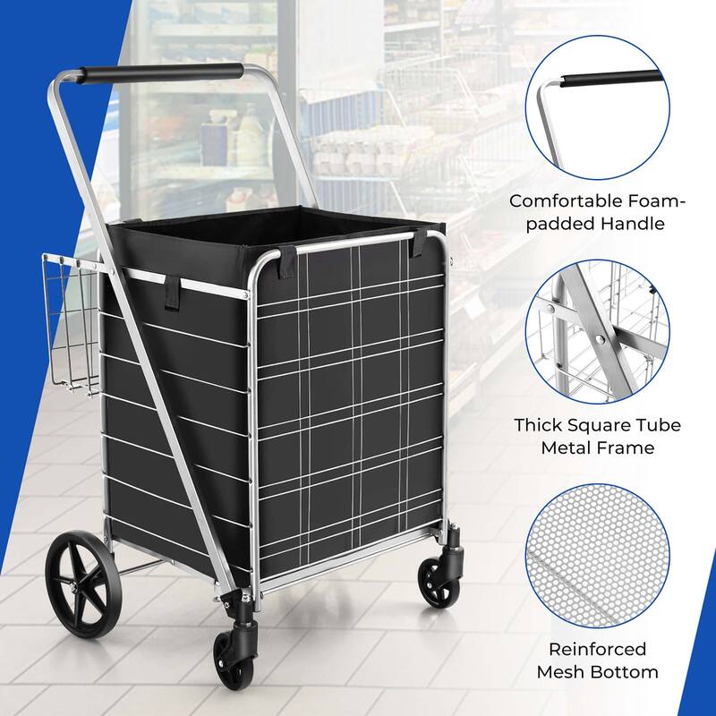 Gymax Folding Shopping Cart Jumbo Upgraded Utility Grocery Cart w/