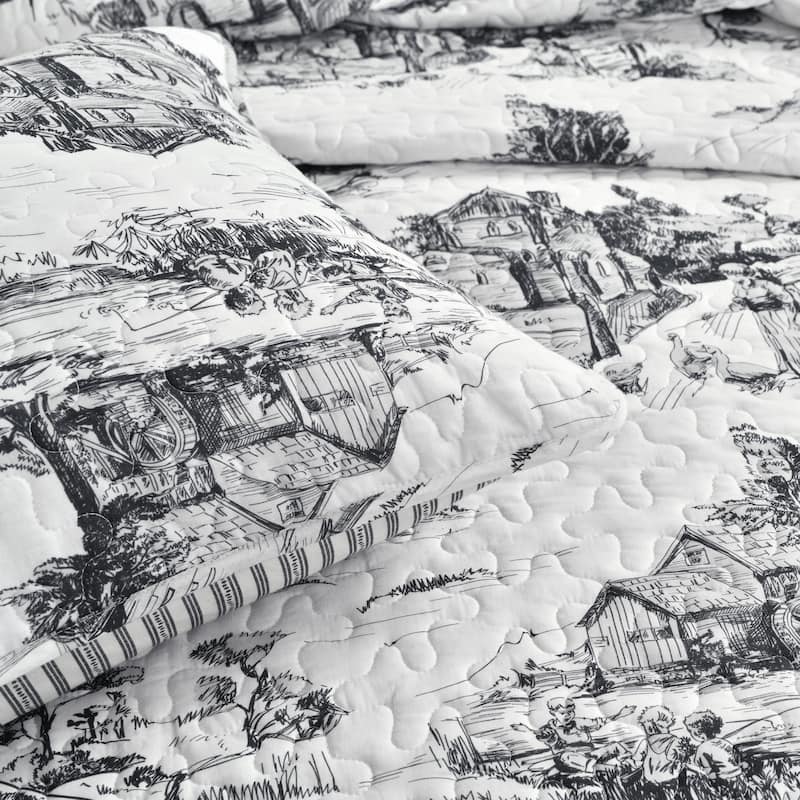 Lush Decor French Country Toile Cotton Reversible 3 Piece Quilt Set