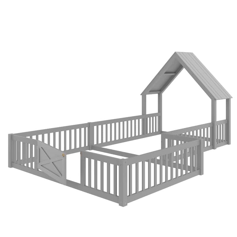 Montessori Floor Bed for Toddler Kids, L Shape House Bed with Door and Guardrails, Double Bed Frame Design for Sleeping and Play