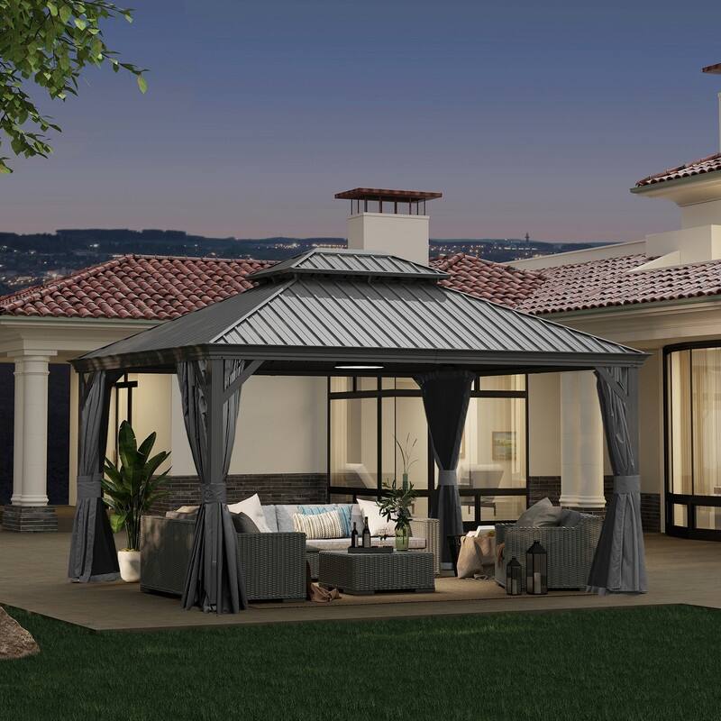 Domi Hardtop Gazebo with Galvanized Steel Double Roof and Aluminum Frame - 12'x14' - Dark Grey