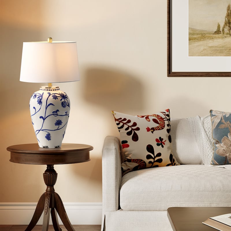 Blue and White Porcelain Table Lamp with Linen Shade - 13'' W × 13'' D × 26'' H