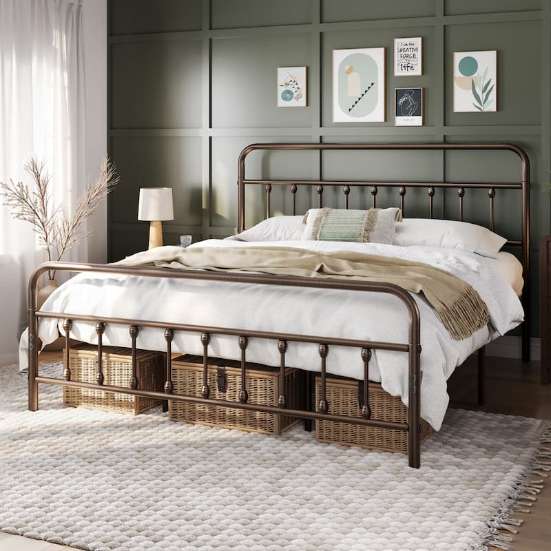 Yaheetech Classic Iron Platform Bed with High Headboard and Footboard Strong Metal-Framed Bed - Bronze - King