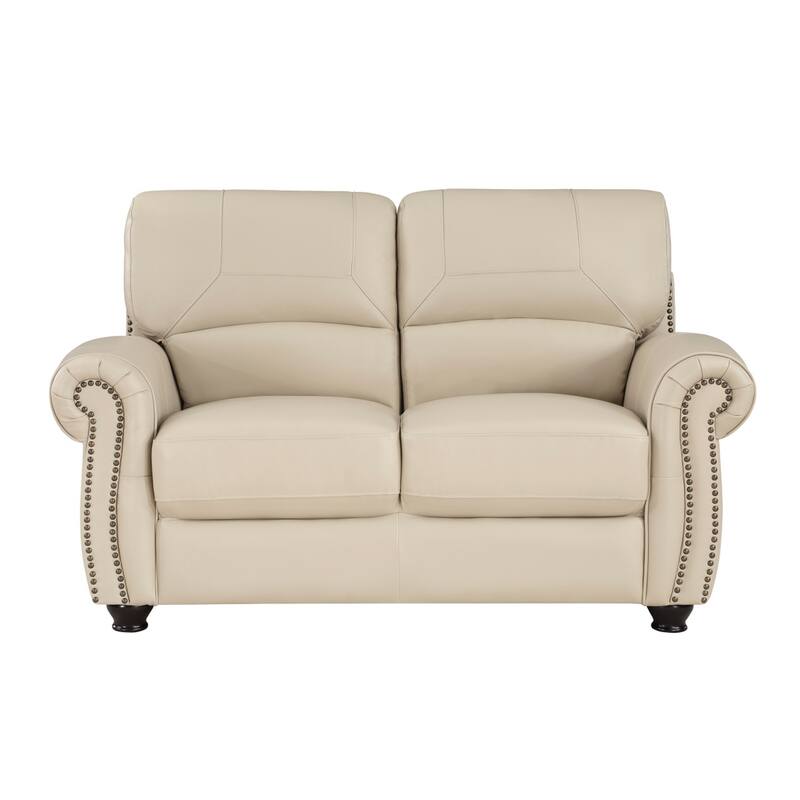 Kia 63 Inch Loveseat, Cream Top Grain and Faux Leather, Brown Solid Wood