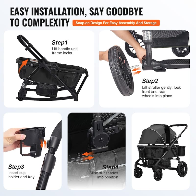Carbon Steel All-Terrain Stroller Wagon Foldable Twin with Canopy and Tray - 47.2” L x 27.2” W x 42.1” H