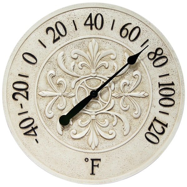 slide 2 of 14, Blanc Fleur Outdoor Decorative Round 15 inch Wall Thermometer by Infinity Instruments - 15 x 1.38 x 15 Antique White