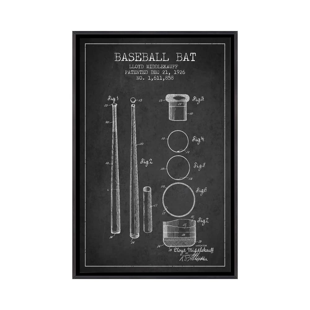 iCanvas "Baseball Bat Charcoal Patent Blueprint" by Aged Pixel Framed