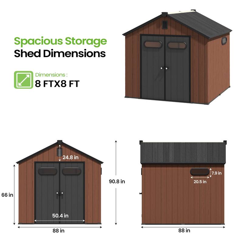 VredHom 8X8/8X10/8X12 FT All-Weather Outdoor Resin Lockable Storage Shed with Windows Floor for Patio Furniture and Tools