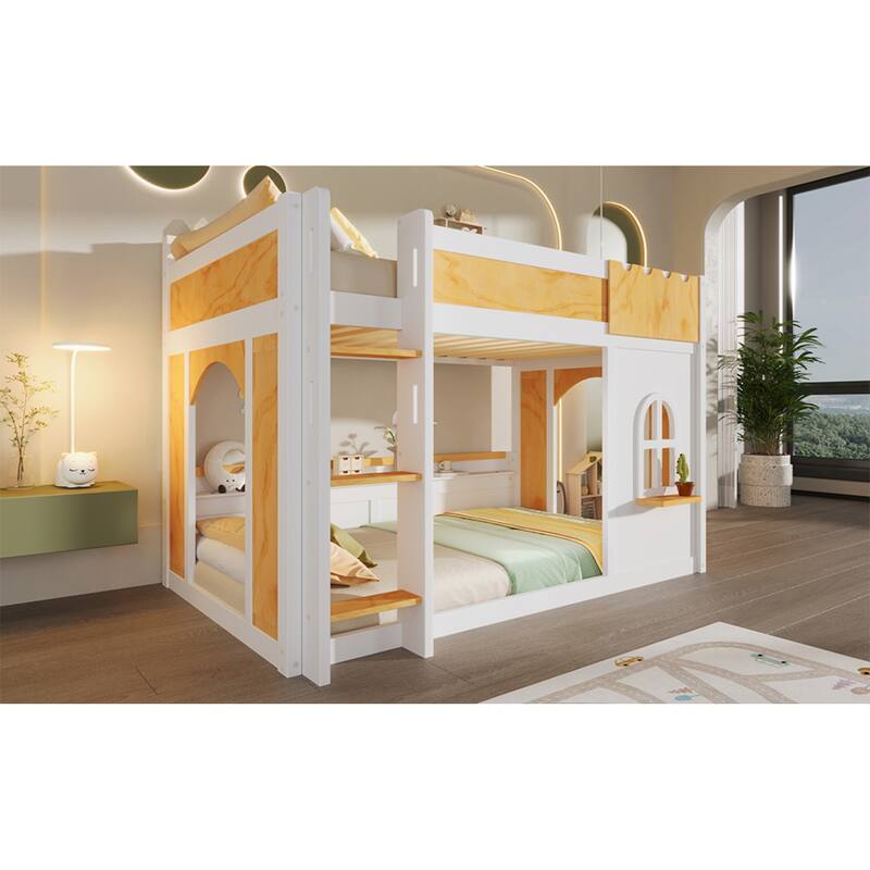Roomfitters Twin Over Twin/Full Over Full Bunk Bed with Window, Two Doors and Storage Shelves, Natural and White