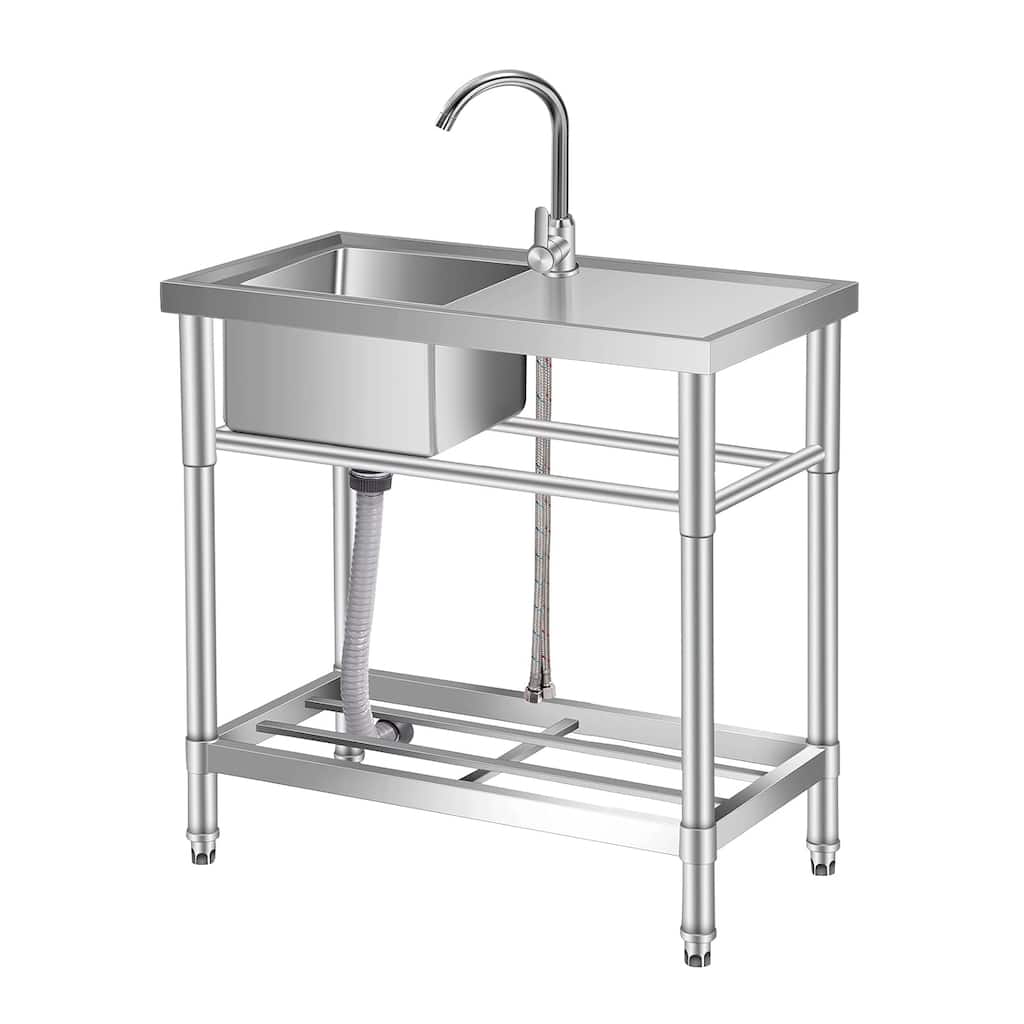 30" Free Standing Single Bowl Commercial Kitchen Sink with Cold and Hot Water Pipes