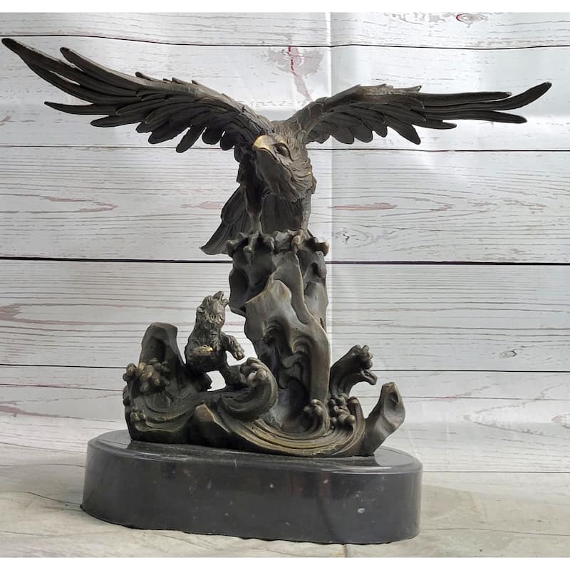 Eagle Landing On Waves Water Bronze Metal Statue Sculpture Figurine Decor Signed